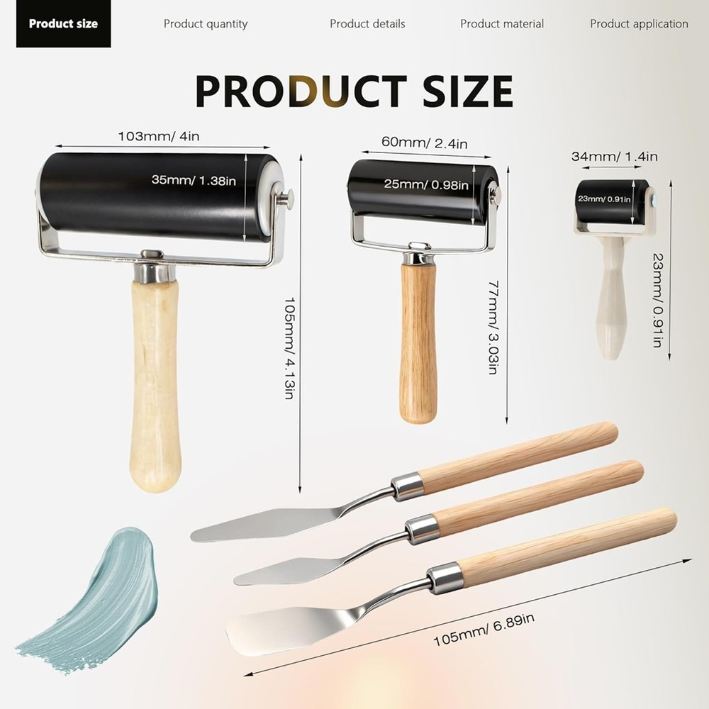 6 Pack Rubber Brayer Roller Kit,3 Sizes Rubber Rollers with 3 Scrapers for2491