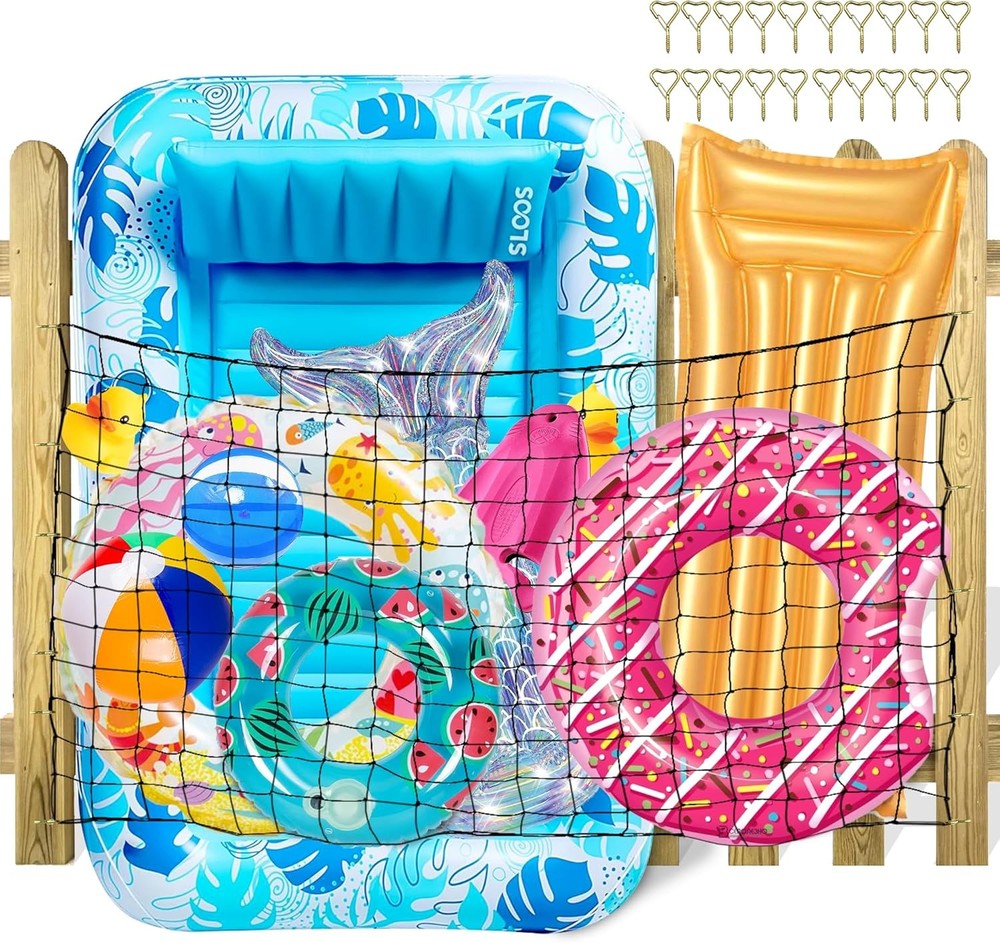 Extra Large Pool Toy Float Storage Net with 20 Windproof Screw Windproof Hooks,