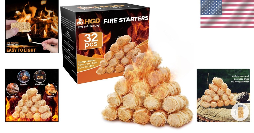 32 Pcs Waterproof Fire Starters - Quick Lighting for BBQ, Campfire & More