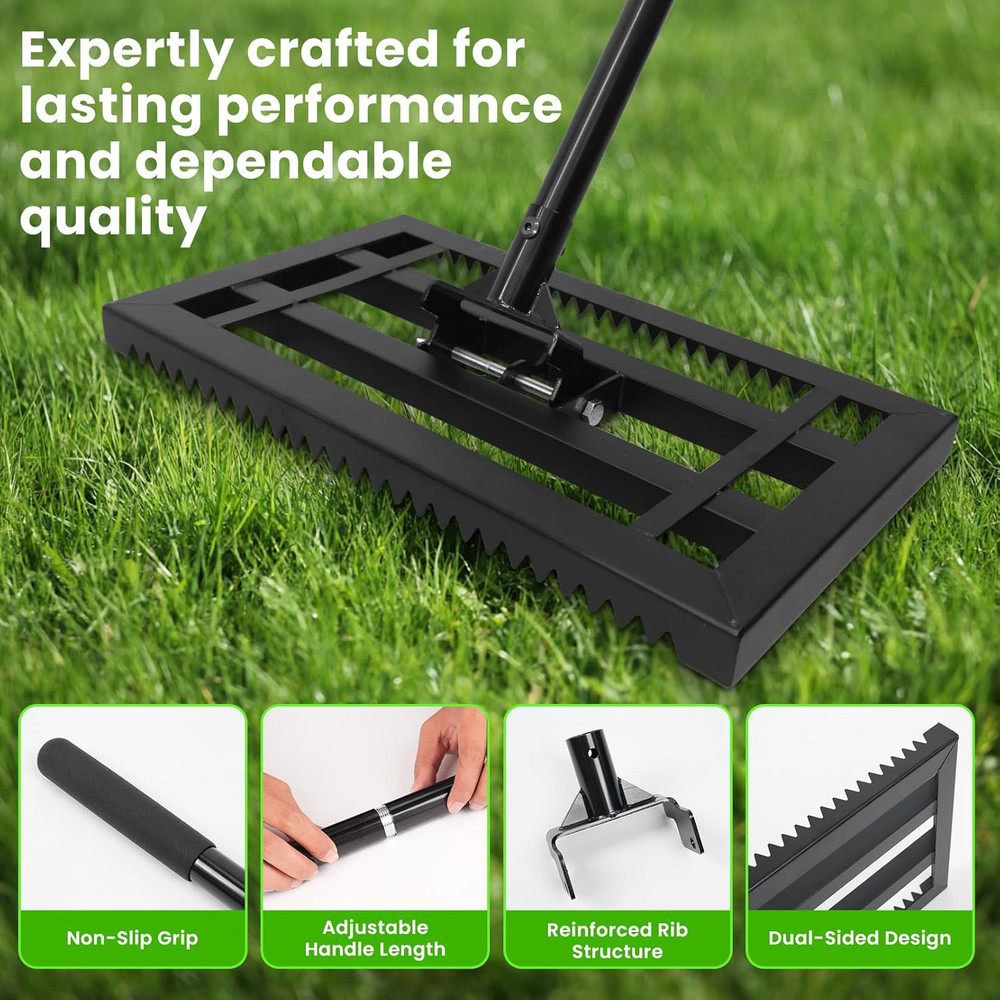 17"X 10" Lawn Leveling Rake for Soil, Sectional Adjustable Handle Yard Rakes for