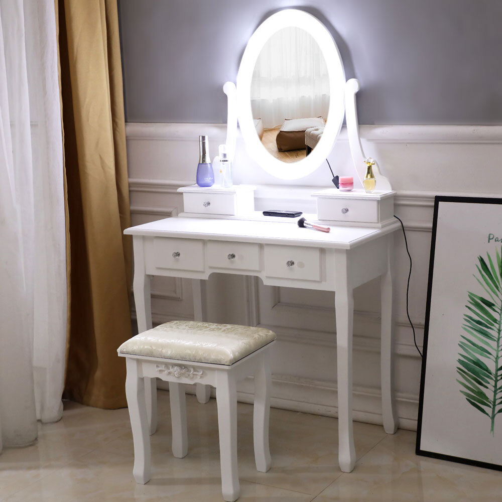 AUTOFOREVER White with light bulb 5 drawers 1 mirror dressing table set