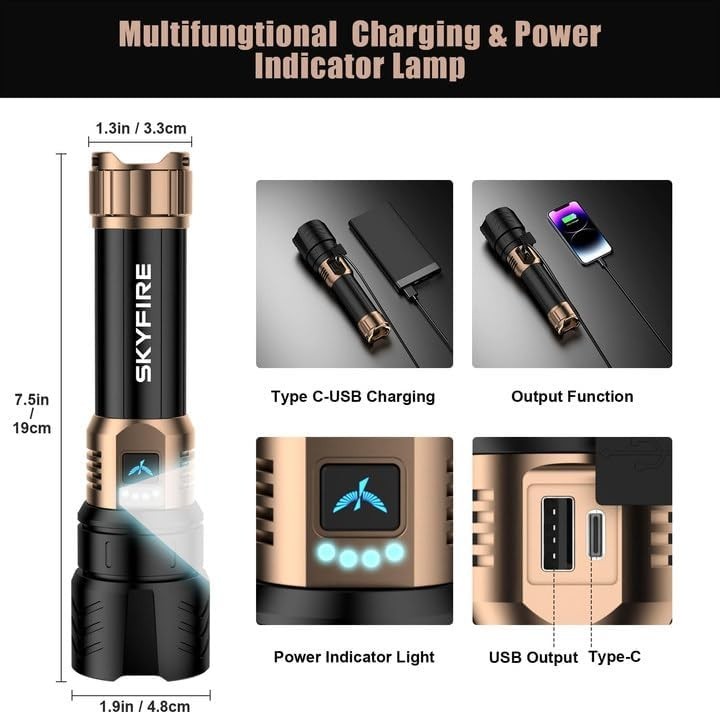 SKYFIRE Rechargeable Flashlight High Lumens, LED Flashlight with Ignition Len...