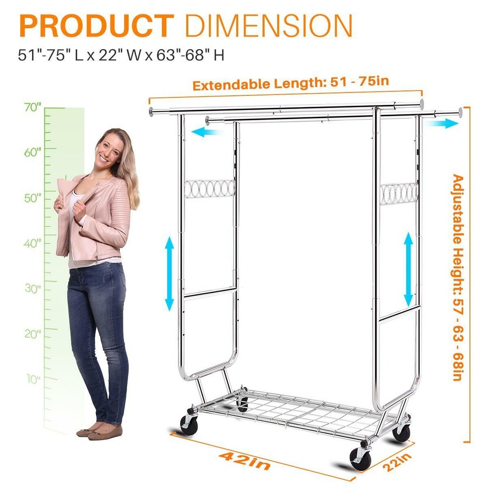 Heavy Duty Extensible Clothing Garment Rack Rolling Collapsible Chrome Sturdy