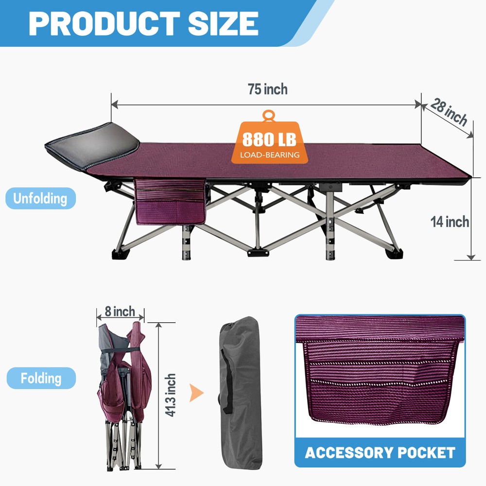 Folding Camping Cot Extra Wide Sturdy Lightweight Comfortable for Outdoor&Indoor