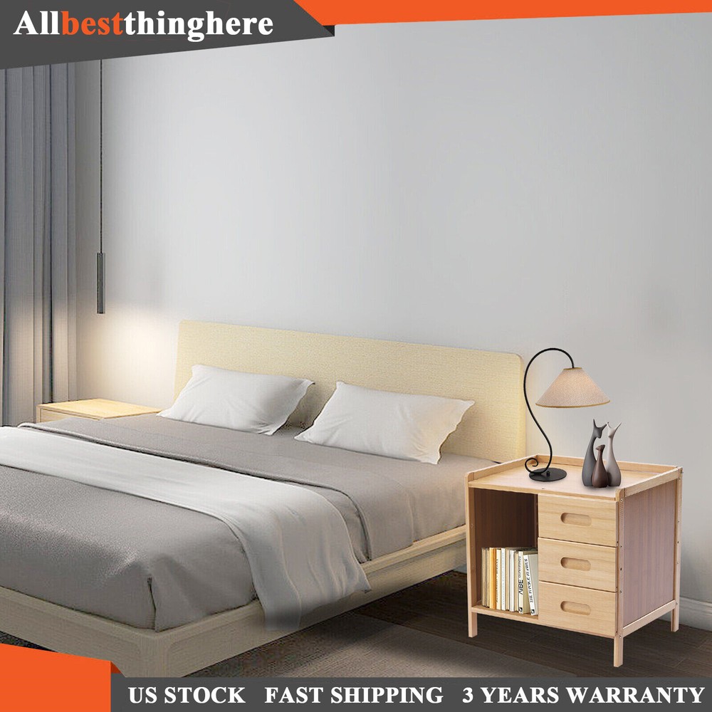 Nightstand Bedside End Table Bedroom Side Bamboo Storage w/ Pull-out Drawer US