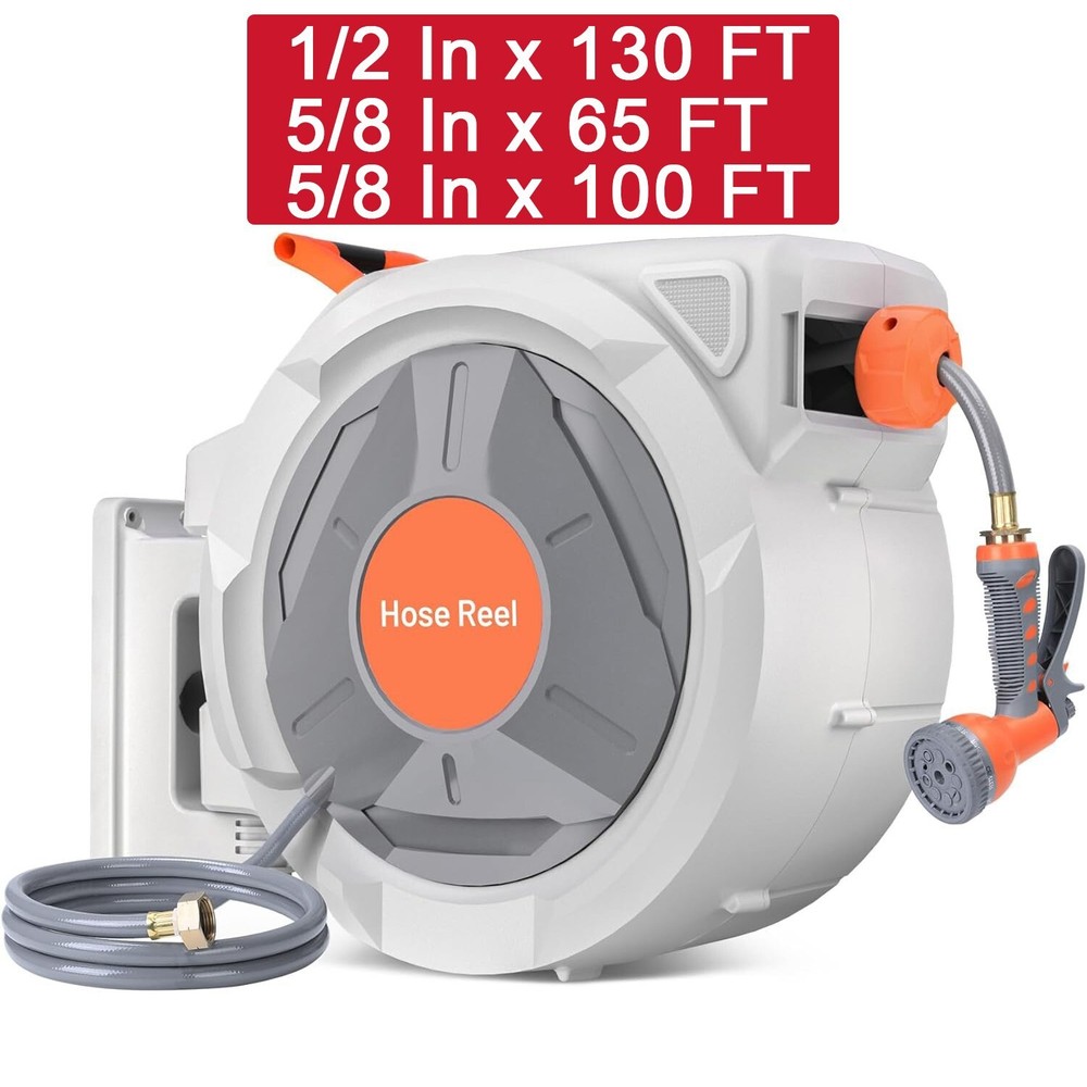 65/100/130 FT Retractable Garden Hose Reel With 9 Function Sprayer Nozzle