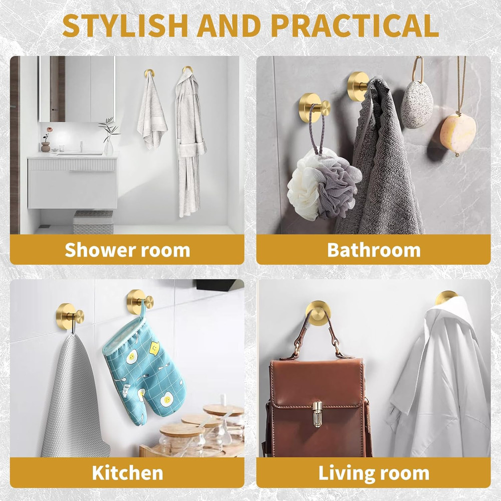 Gold Suction Cup Hooks 2 Pack for Shower, Bathroom, Kitchen, Tile