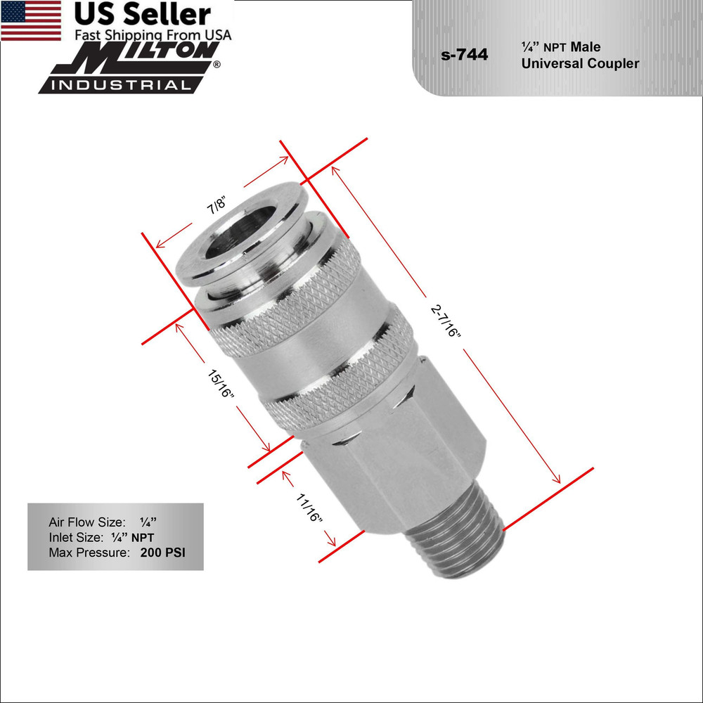 Milton 5 In ONE Universal Quick-Connect Coupler, 1/4" MNPT 1/4\", Brass