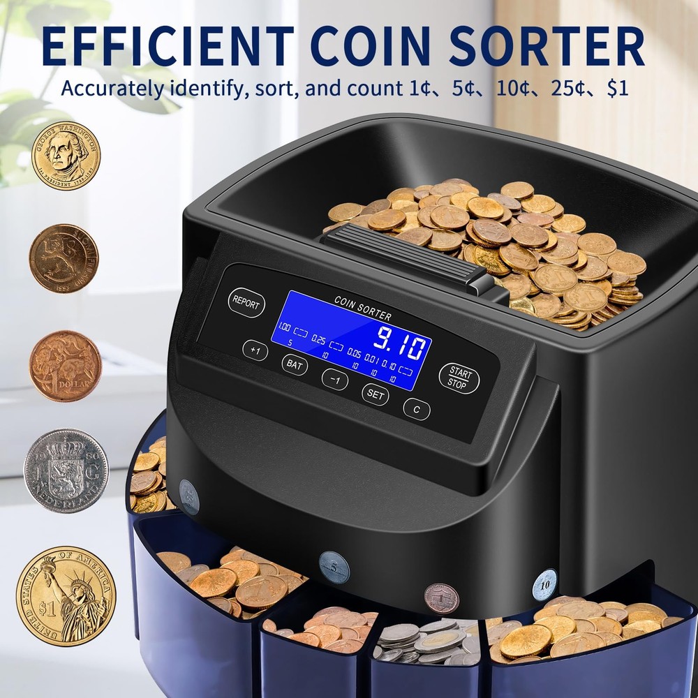 Coin Counter and USD Sorter with LCD Display, Automatic Change Black