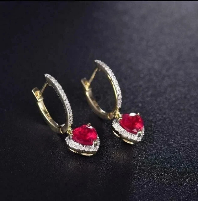 2Ct Heart Cut Lab Created Red Ruby Dangle Earrings 14K Yellow Gold Plated Silver