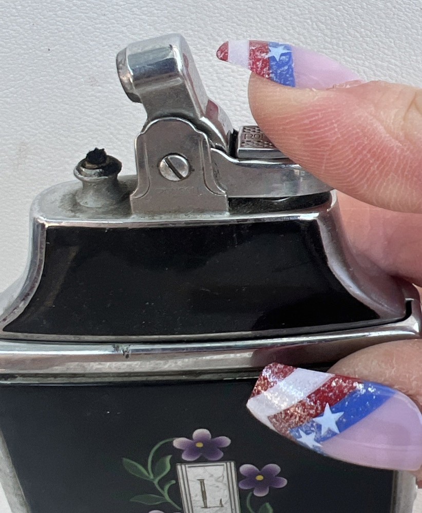 Vintage Ronson Mastercase Cigarette Case & Lighter Black Floral Design