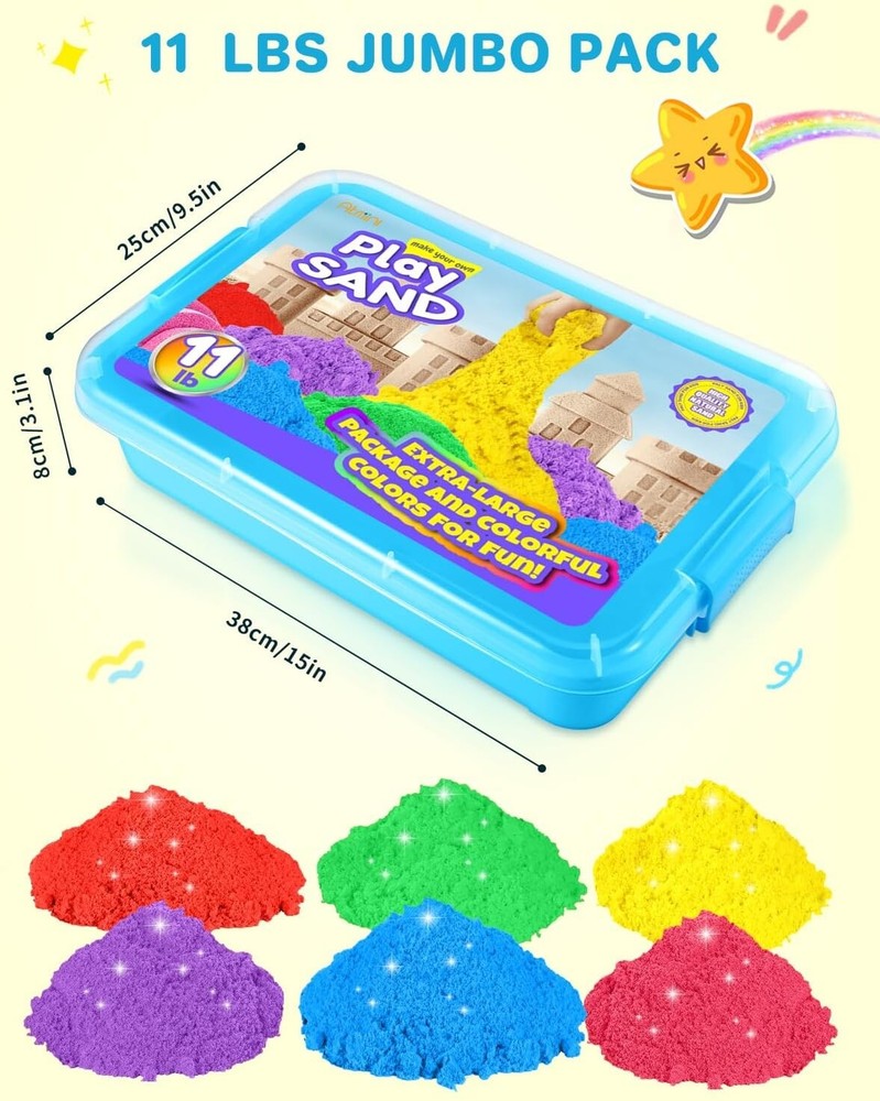 Value Pack 11lbs of 6 Colored Moldable Self-Sticking Sand, Never Dark Colors