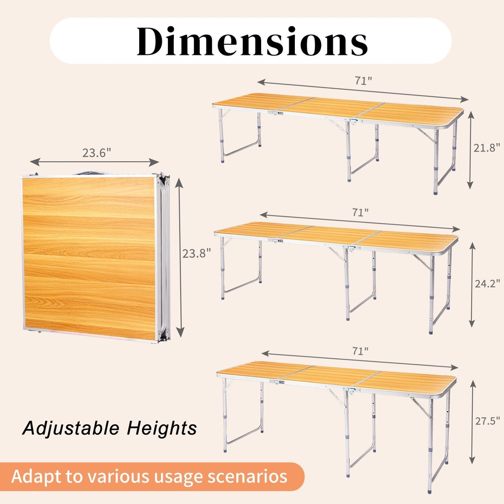 Folding Camping Table 6ft - Adjustable Height, Aluminum & Wood Grain Patio Table