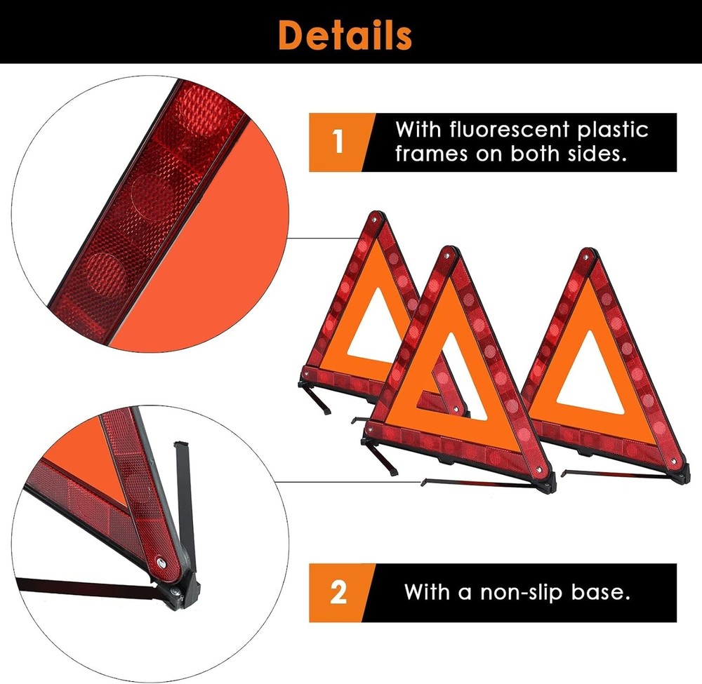 Warning Triangle Kit Emergency Reflective Sign Vehicles Safety Roadside 3 Pack