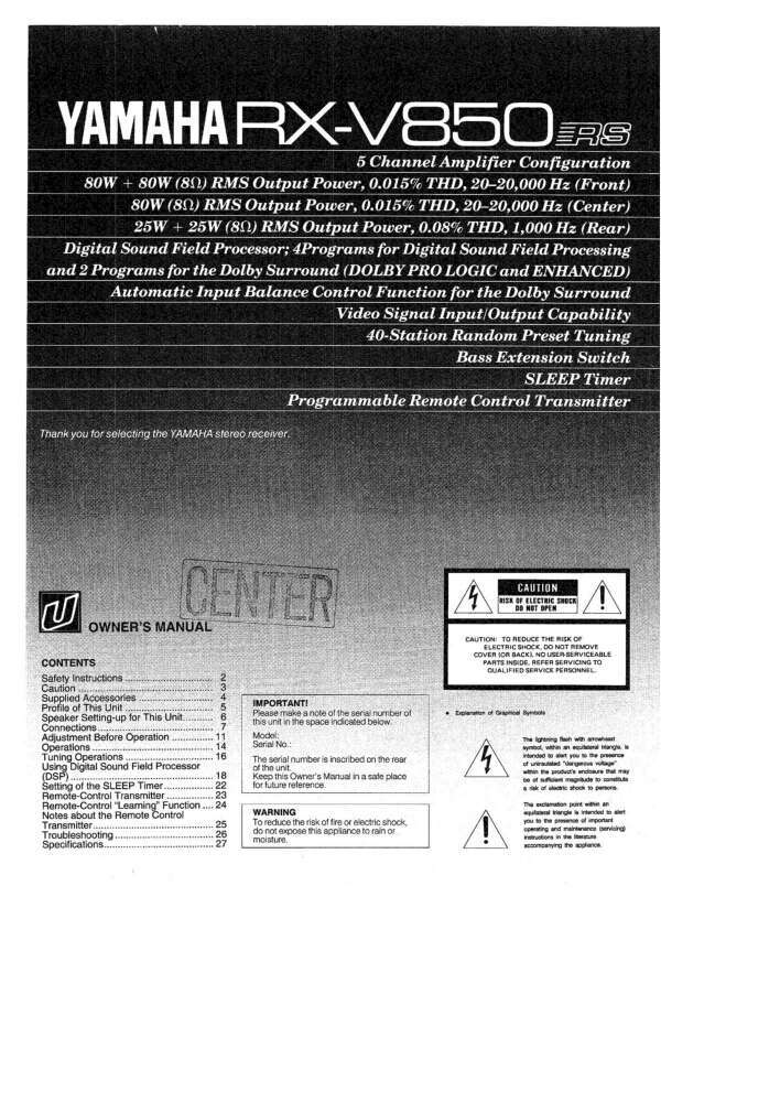 Yamaha RX-V850 Receiver Owners Manual