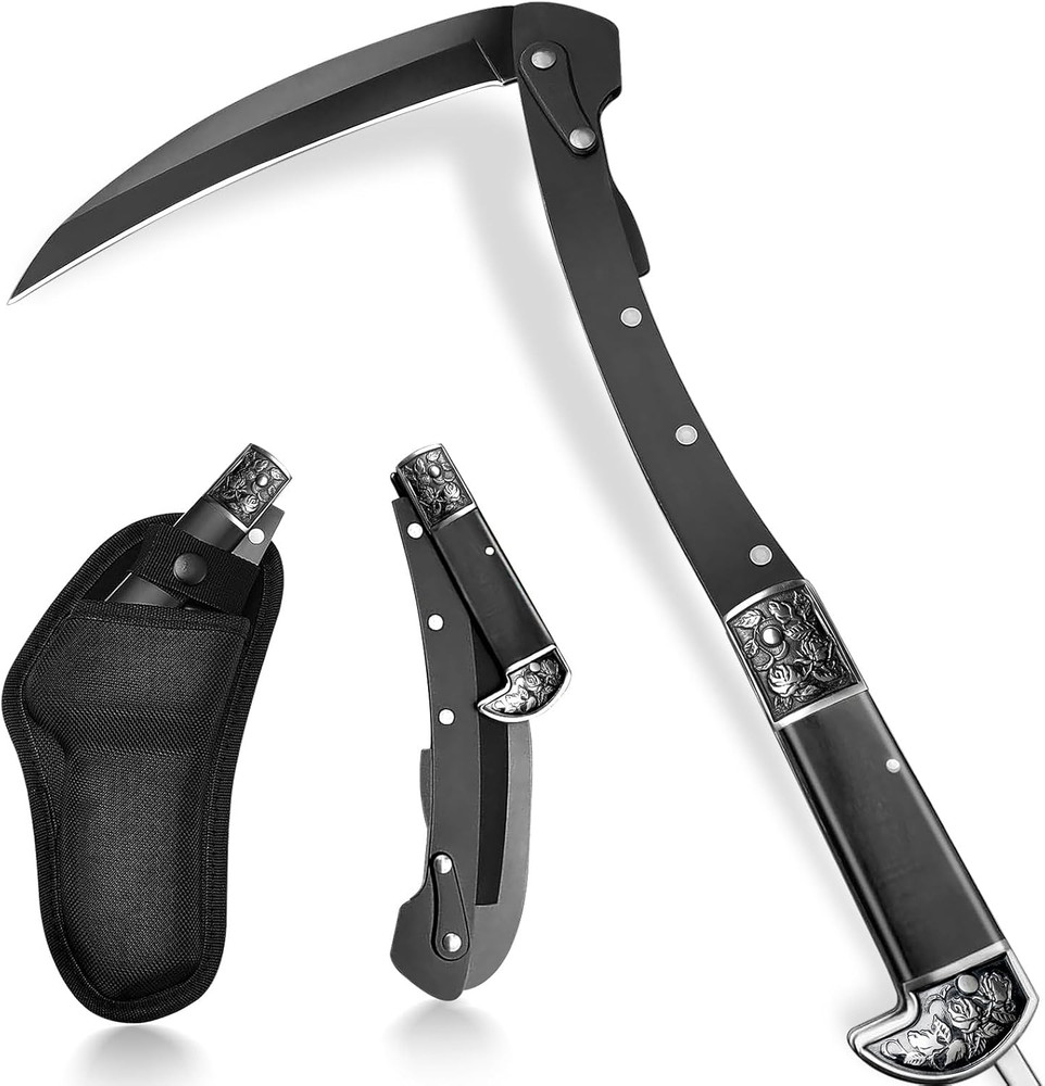 Black Sharp Folding Sickle Knife, Two Section Foldable Scythe Knife, Wooden Hand