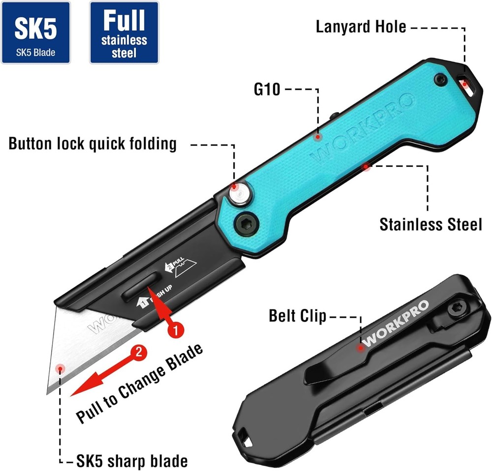 WORKPRO Folding Utility Knife Box Cutter Quick Change Blade Quick Open Axis Lock