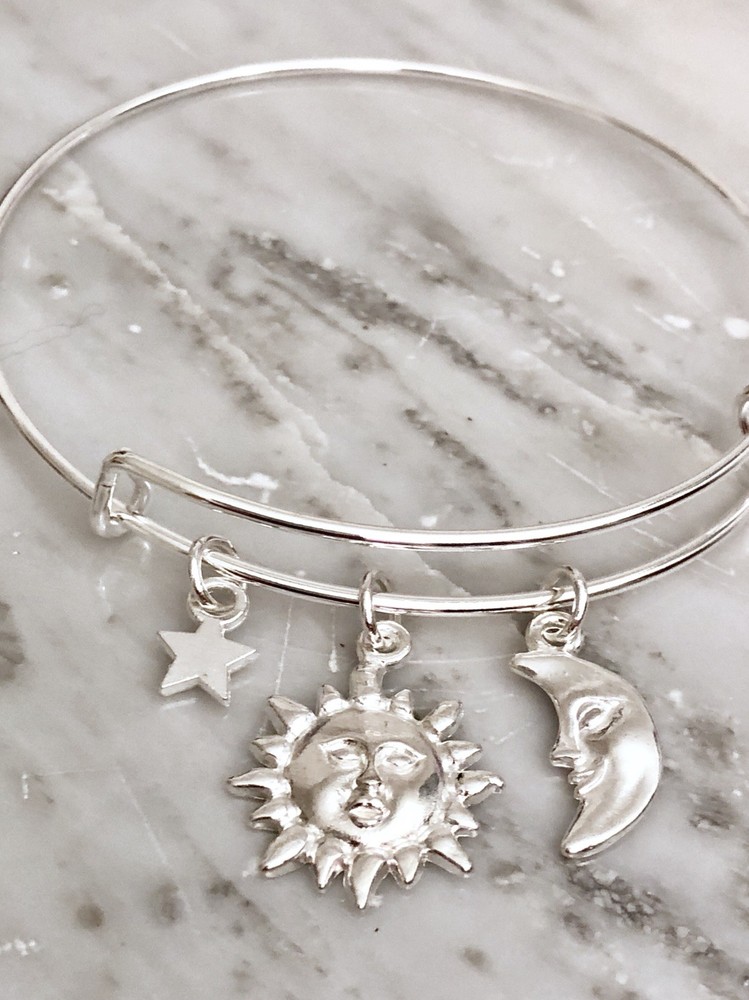Sun Moon and Star Celestial bright Silver charm Expandable Bangle Bracelet