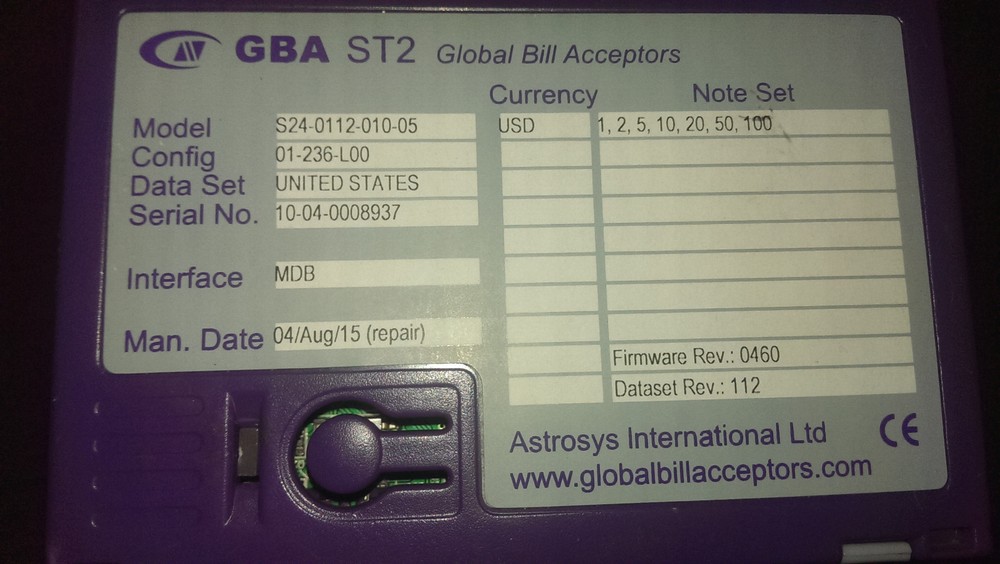 FULLY REFURBED GBA ST2 GLOBAL ASTRO STYSTEMS BILL VALIDATOR FOR COMBO VENDING