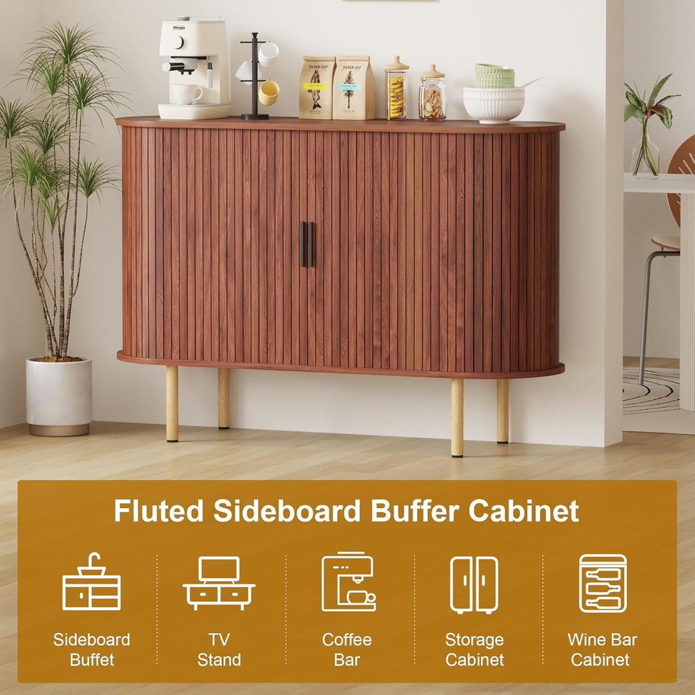 Mid Century Modern 47" Sideboard Buffet Cabinet with Sliding Doors, Walnut