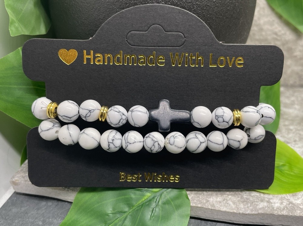 2 PC Handmade Beaded Stackable 6.5” Plus Stretch Bracelet Set Cross New B3704