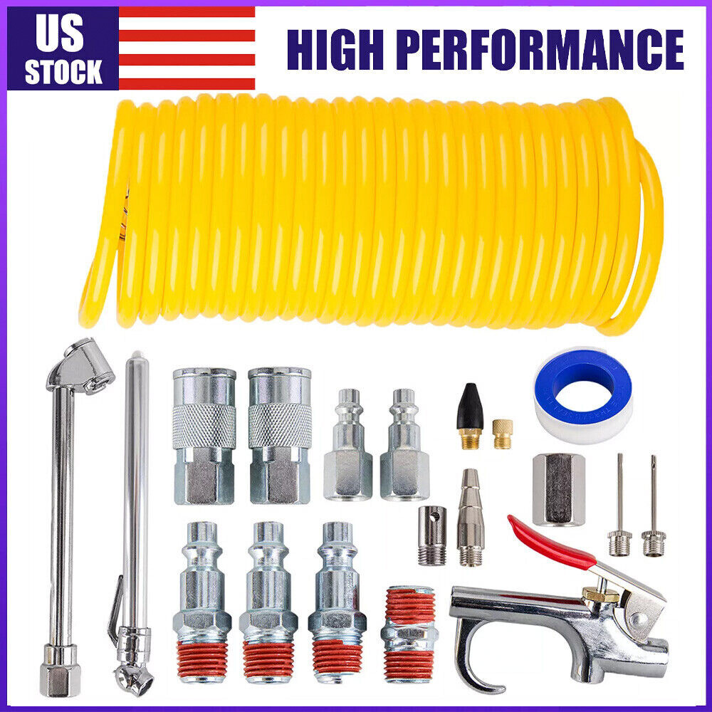 25 ft Recoil Poly Air Compressor Hose Accessories Tool Kit for Various Inflation