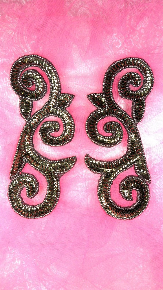 JB239 MIRROR PAIR Smoke Scroll Designer Sequin Appliques 6.5"