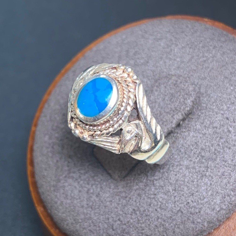 Bezel Set Turquoise Eagle Design Statement Ring Vintage Sterling Silver 925 Sz 6