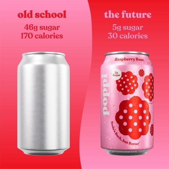 poppi Raspberry Rose Prebiotic Soda, 12 fl oz, 4 Pack Cans