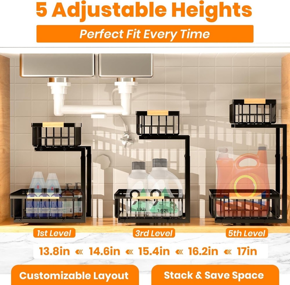 Left or Right Install – under Sink Organizer, 2-Tier Adjustable Height Pull Out