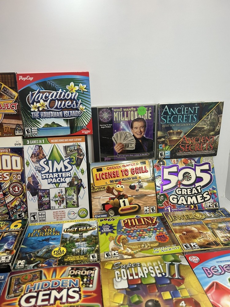 Massive Windows PC CD-ROM DVD Game Lot! 58 Different Games! Gems, Mahjong, Hide