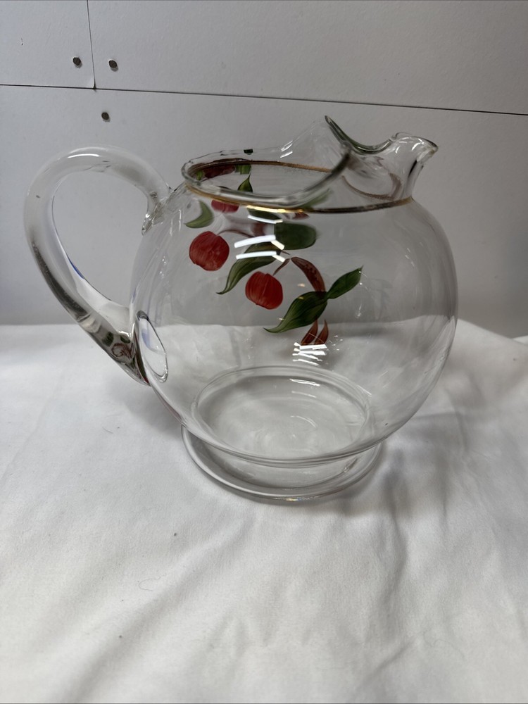 Dunbar Glass 1940's pitcher Clear hand-painted flower Applied Handle