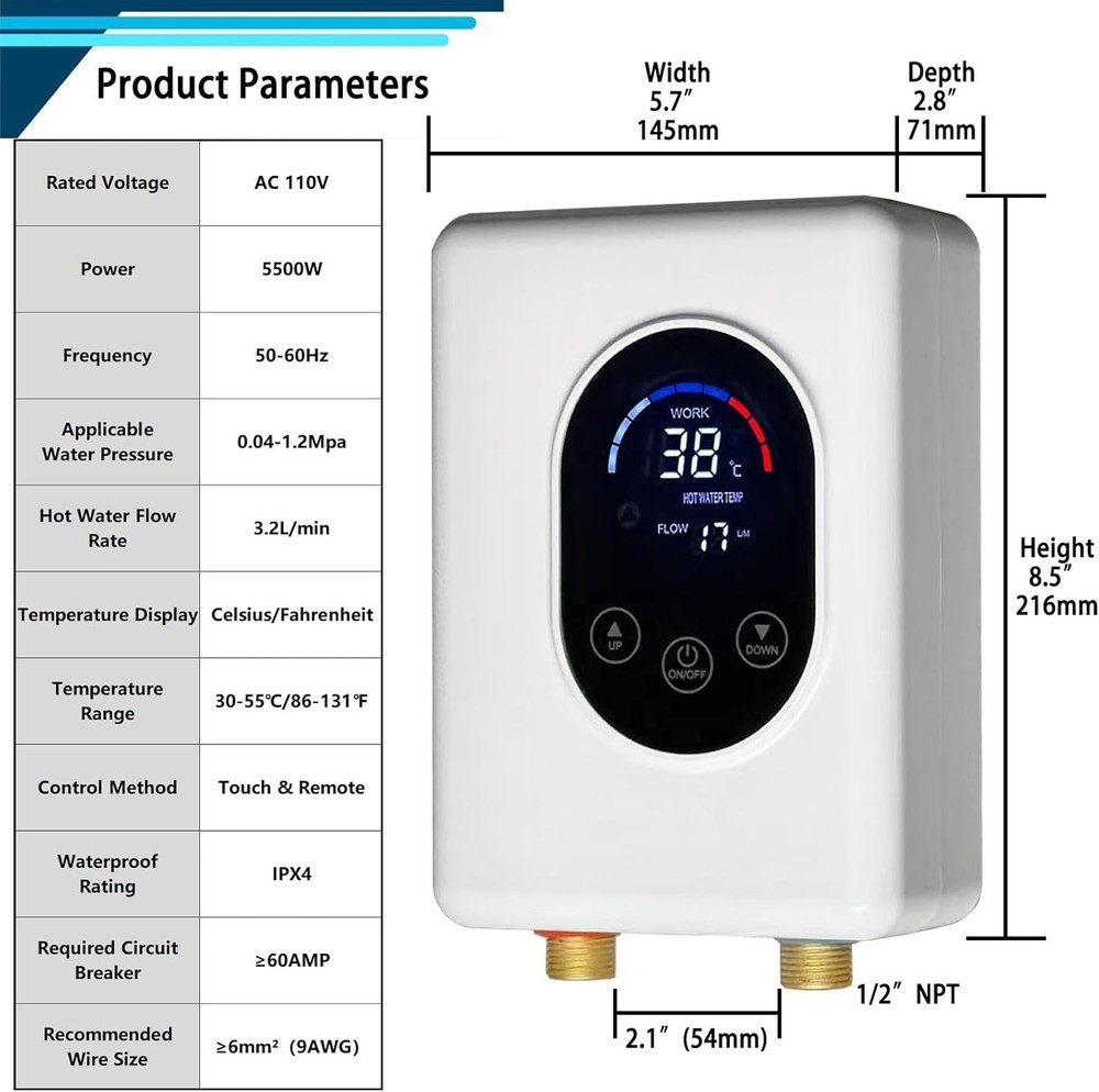 ECOTINYMACH 110V 5500W Electric Tankless Water Heater | Under Sink Installation