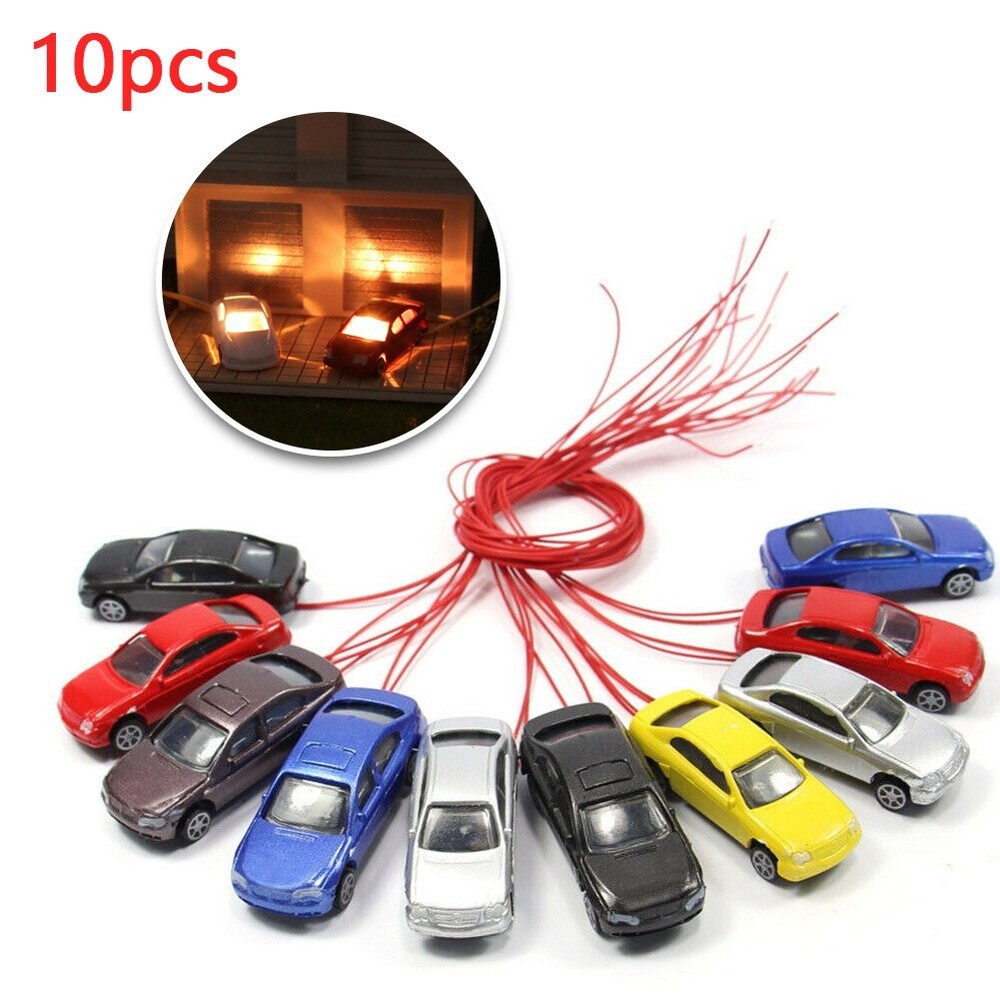 HO Scale Random Color Illuminated Model Car Train Set 45mm Length 10 Pcs