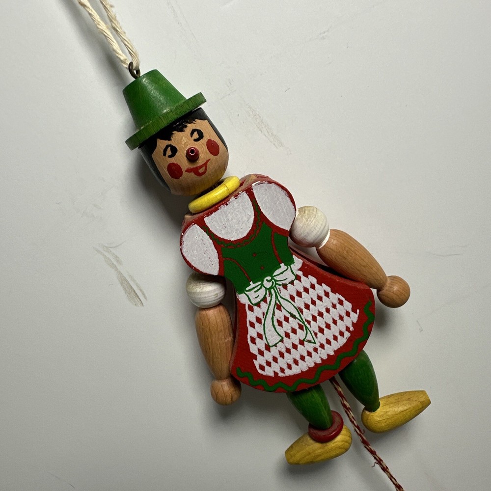 Vintage Austrian Wood Dancing Toy Pull String 8” Folk Art Ornament EUC