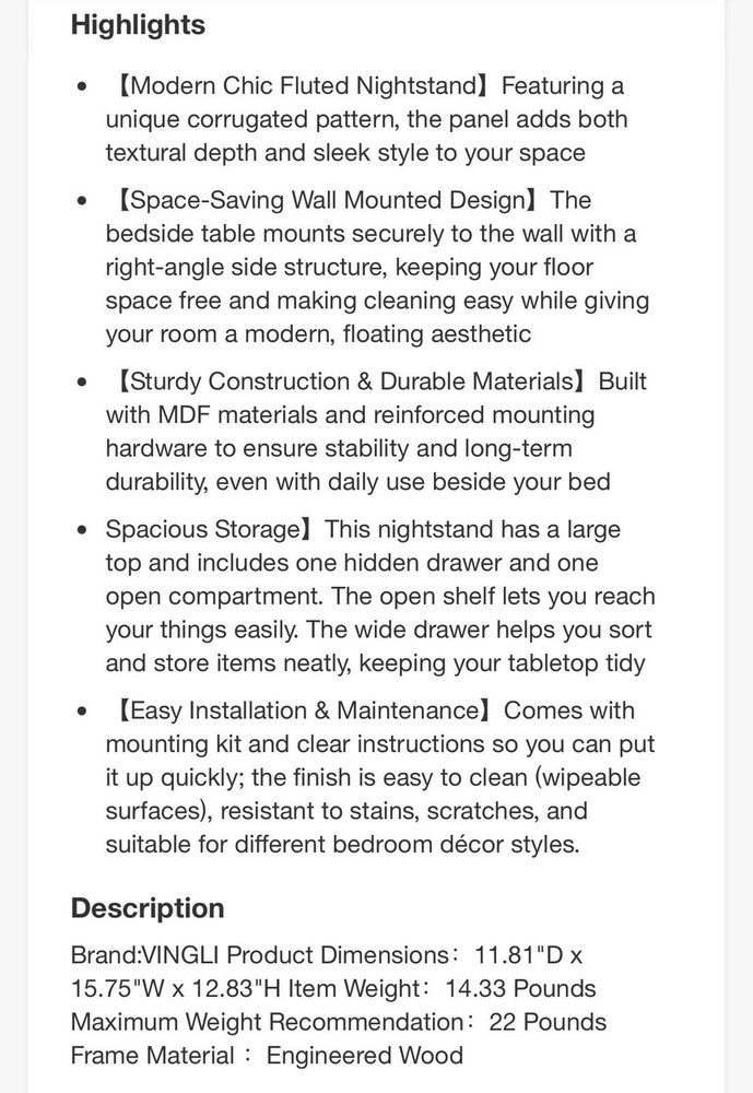 VINGLI Modern Chic Fluted Wall Mounted Nightstand - White