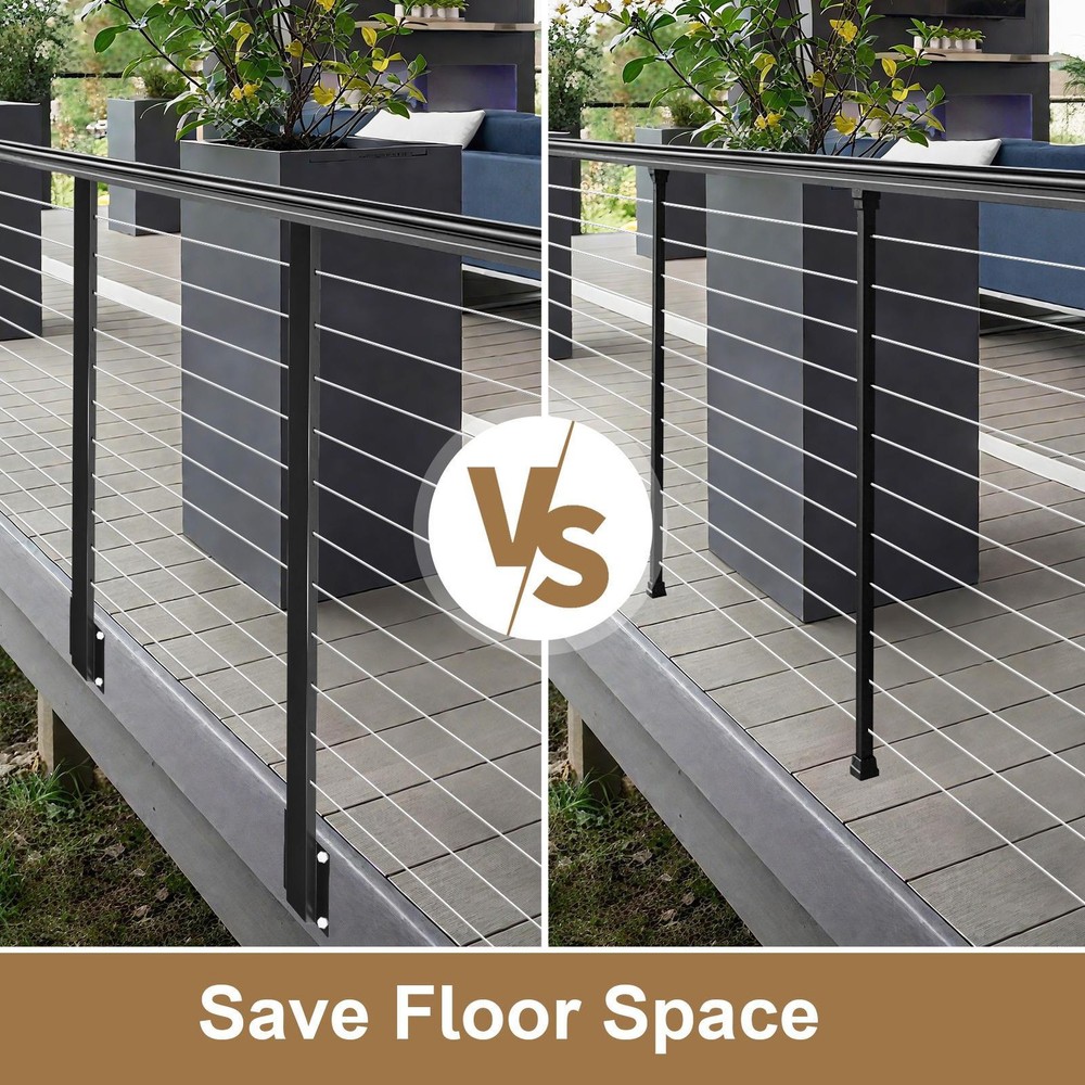 Black Side Mount Cable Railing Post 38 Inch 38"x2"x2" Level Drilled Space-Saving