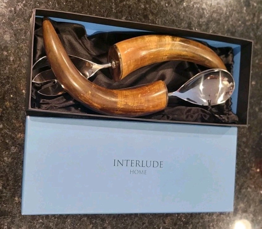 Natural Horn Salad Server Set- Interlude Home-original box