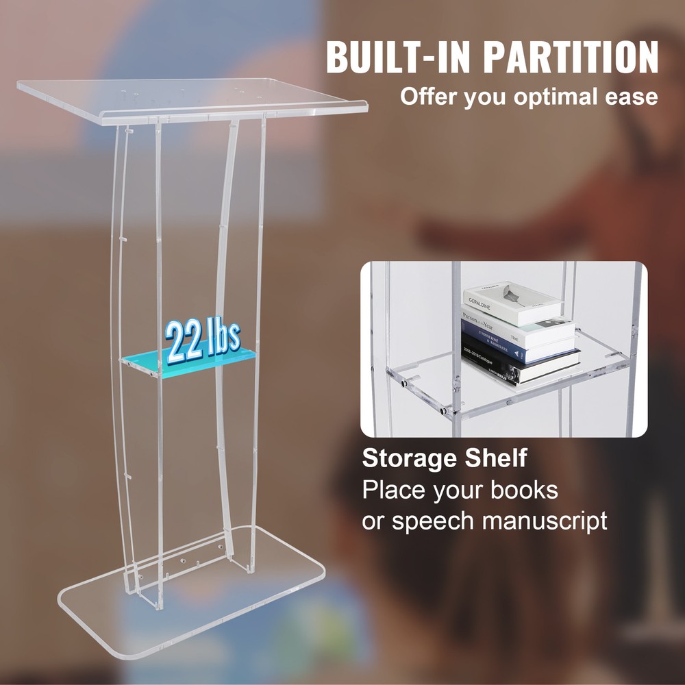 VEVOR Acrylic Podium 47" Acrylic Podium Stand Reading Surface Storage Shelf