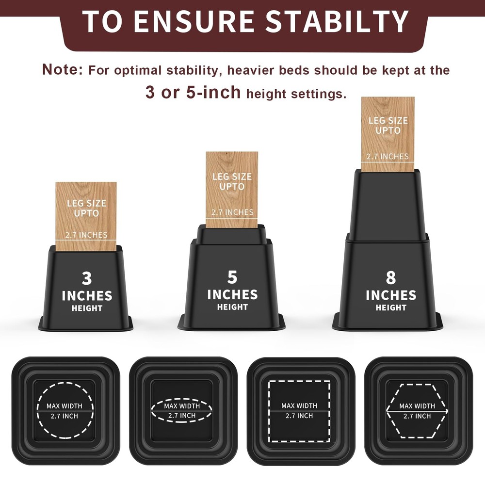 Adjustable Bed Risers 3 5 8 Inch Heavy Duty Stackable 4 Pack Black 1300lb
