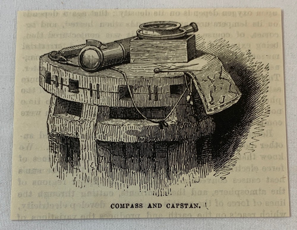 1882 small magazine engraving ~ COMPAS AND CAPSTAN British Navy Sailing tools