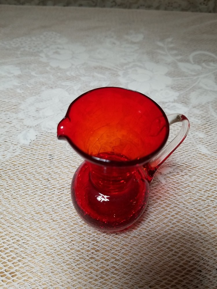 Crackle Glass Red Hand Blown 3.75" Pitcher