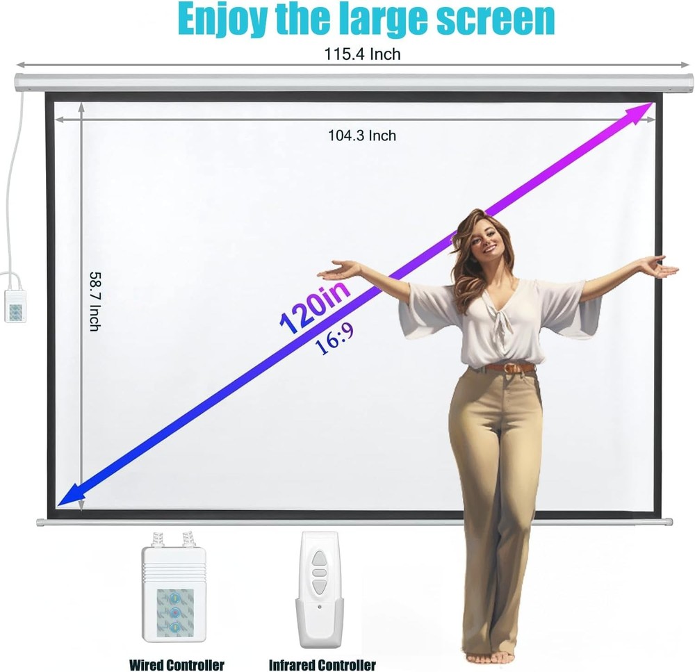 120" Motorized Projector Screen, Electric 16:9 Screen with Remote...