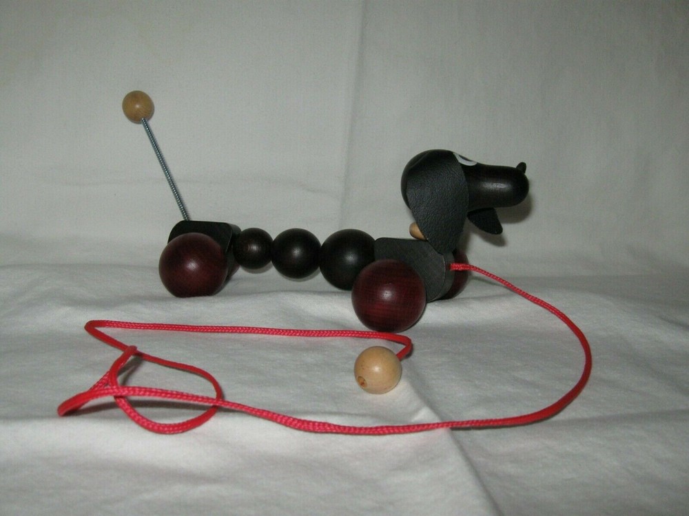 Daschund (doxie) wooden pull tow with leather ears