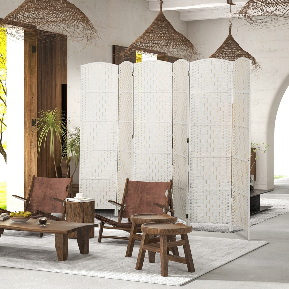 6 Weave Panel Room Divider Privacy Folding Screen Diamond Decor, White