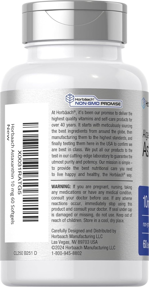 Horb?ach Astaxanthin 10mg | 60 Softgels | Algae Derived Formula | Non-GMO, Glute