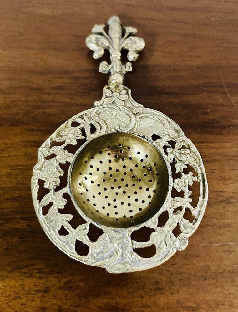 Silver-Plated Brass Tea Strainer Fleur-De-Lis Handle 5.5" Over Cup Vintage