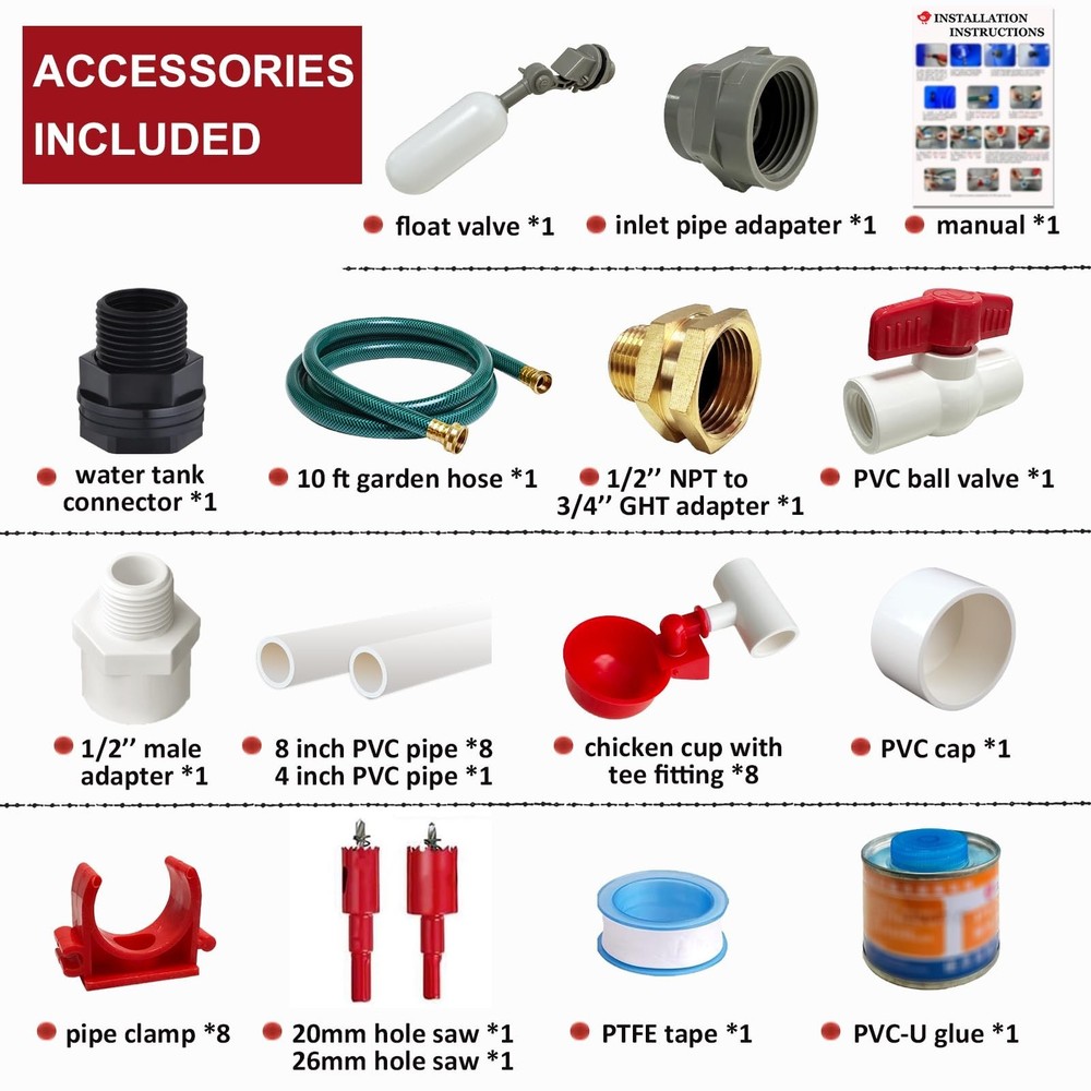 Automatic Chicken Waterer System (45 Accessories Included), Complete PVC Pipe...