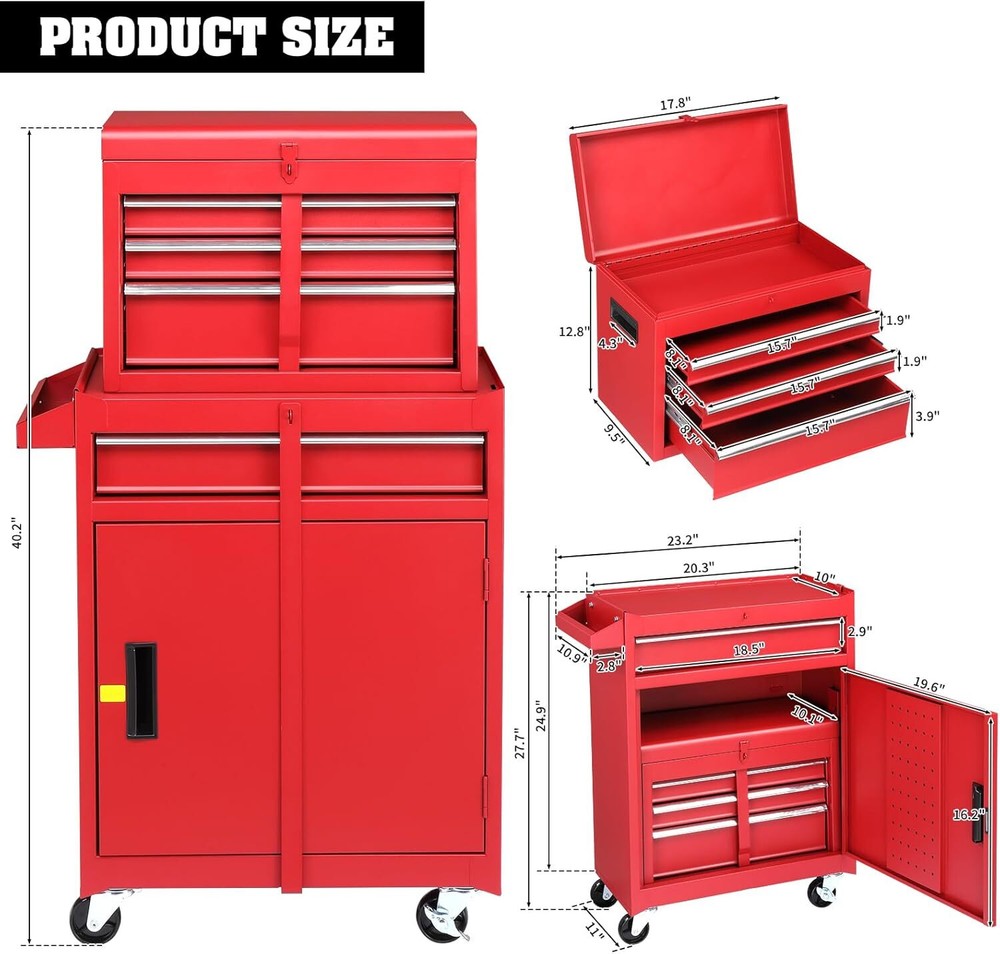 4 Drawer Rolling Tool Chest Detachable Garage Storage Cabinet Adjustable Shelf