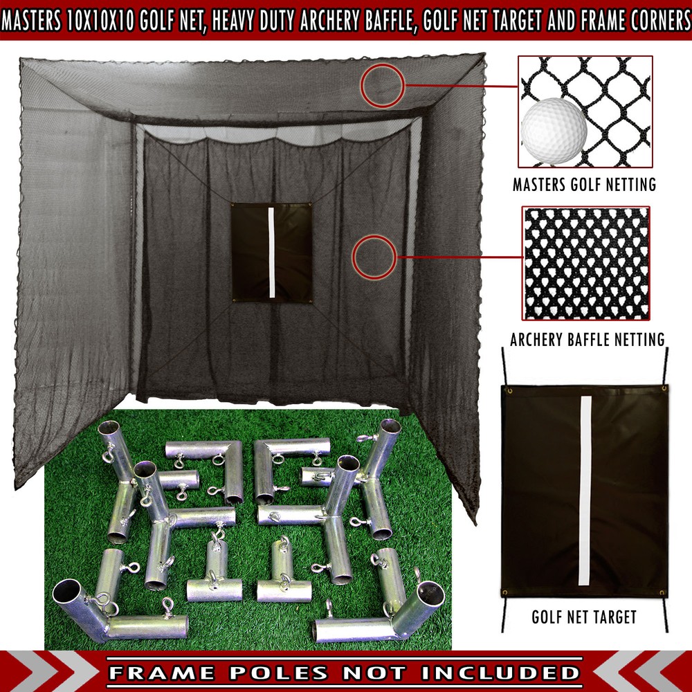 Golf Cage Practice Net 10' x 10' x 10' (#252 Poly) Frame Kit & Baffle Included